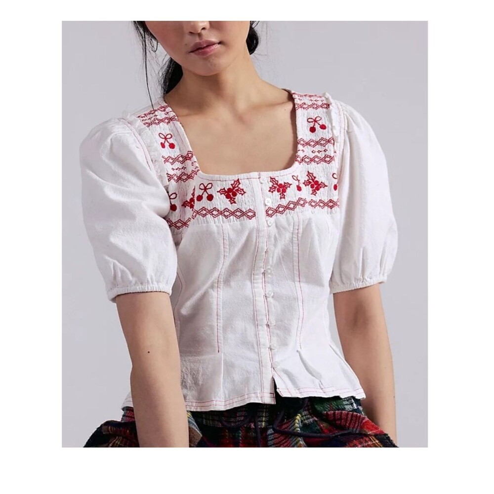 Free People Holly Embroidered Folk Top Sz L NWT